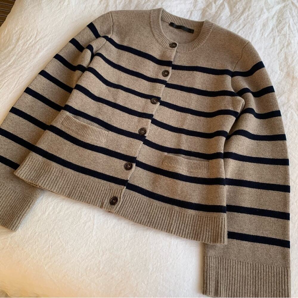 Jenni Kayne Cooper Button Wool Cashmere Knit Cardigan Sweater Taupe Navy Stripe - Picture 5 of 11